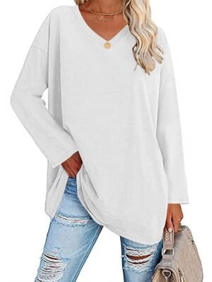 Casual Regular Plain V Neck Long Sleeve Tops - Image 2