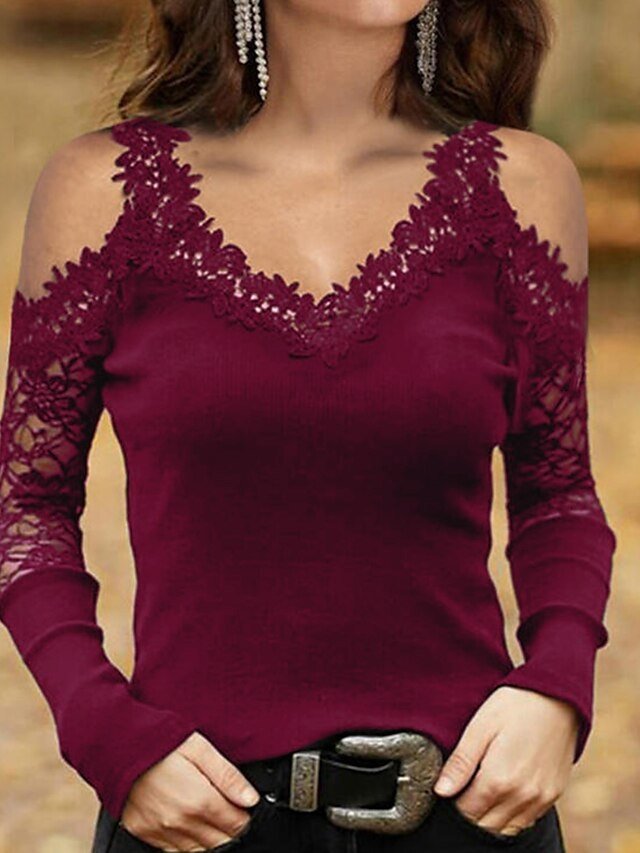 Casual Regular Plain V Neck Long Sleeve Lace Cut Out Top - Image 2