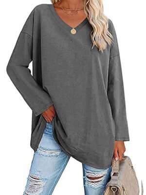 Casual Regular Plain V Neck Long Sleeve Tops - Image 20