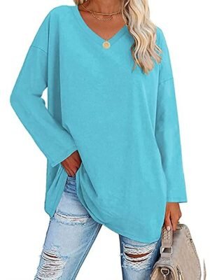 Casual Regular Plain V Neck Long Sleeve Tops - Image 22