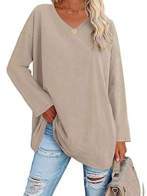 Casual Regular Plain V Neck Long Sleeve Tops - Image 26
