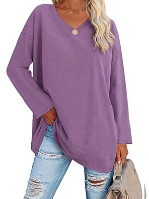 Casual Regular Plain V Neck Long Sleeve Tops - Image 28
