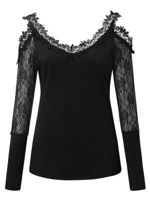Casual Regular Plain V Neck Long Sleeve Lace Cut Out Top - Image 4