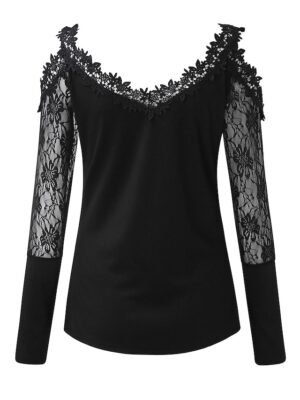 Casual Regular Plain V Neck Long Sleeve Lace Cut Out Top - Image 5