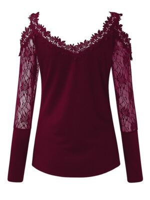 Casual Regular Plain V Neck Long Sleeve Lace Cut Out Top - Image 7
