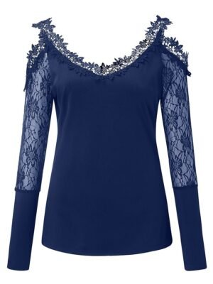 Casual Regular Plain V Neck Long Sleeve Lace Cut Out Top - Image 8