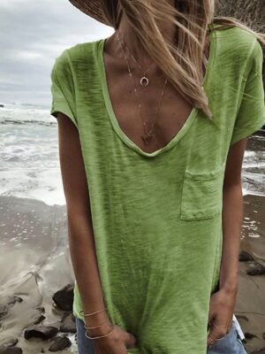 Casual Regular Plain V Neck Short Sleeve T Shirt - Image 3