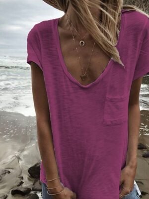 Casual Regular Plain V Neck Short Sleeve T Shirt - Image 5