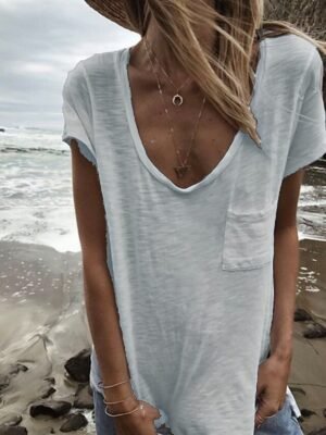 Casual Regular Plain V Neck Short Sleeve T Shirt - Image 7