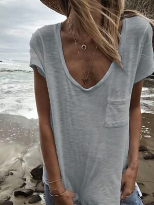 Casual Regular Plain V Neck Short Sleeve T Shirt - Image 8