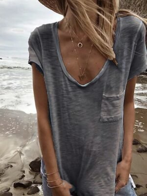 Casual Regular Plain V Neck Short Sleeve T Shirt - Image 9