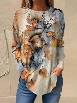 Casual Regular Print Crew Neck Long Sleeve Top - Image 1