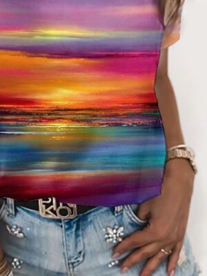 Casual Regular Print Round Neck Short Sleeve Top - Image 5