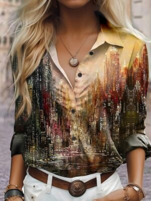 Casual Regular Print Shirt Collar Long Sleeve Blouse - Image 1