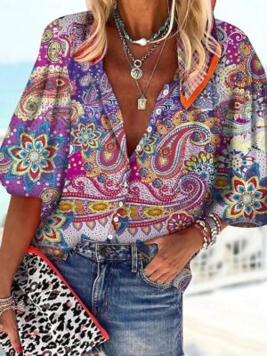 Casual Regular Print V Neck Long Sleeve Shirt Blouse - Image 1