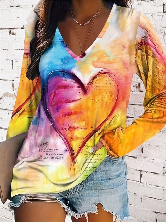 Casual Regular Print V Neck Long Sleeve Tops - Image 1