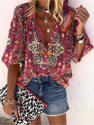 Casual Regular Print V Neck Long Sleeve Shirt Blouse - Image 2