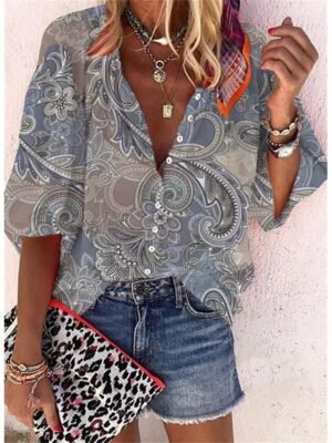 Casual Regular Print V Neck Long Sleeve Shirt Blouse - Image 4