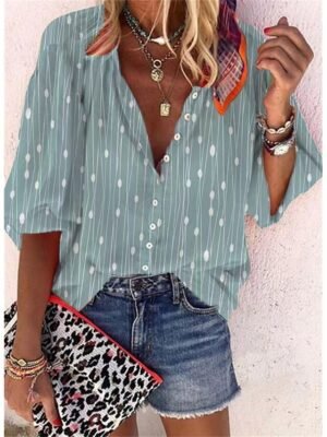 Casual Regular Print V Neck Long Sleeve Shirt Blouse - Image 6