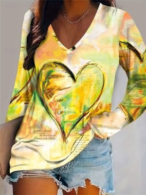 Casual Regular Print V Neck Long Sleeve Tops - Image 7