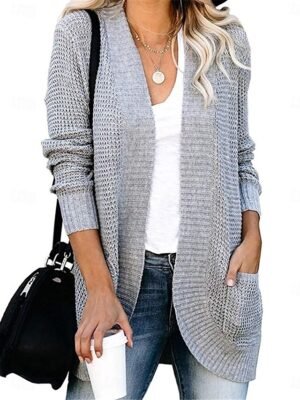 Casual Regular Pure Color Open Front Long Sleeve Cardigan - Image 4