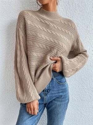 Casual Regular Pure Colour Cable Turtleneck Long Sleeve Pullover - Image 1