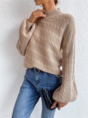 Casual Regular Pure Colour Cable Turtleneck Long Sleeve Pullover - Image 3