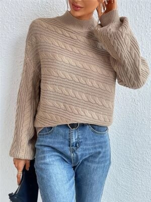 Casual Regular Pure Colour Cable Turtleneck Long Sleeve Pullover - Image 4