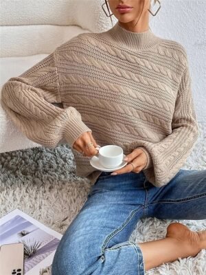 Casual Regular Pure Colour Cable Turtleneck Long Sleeve Pullover - Image 5