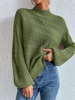 Casual Regular Pure Colour Cable Turtleneck Long Sleeve Pullover - Image 8
