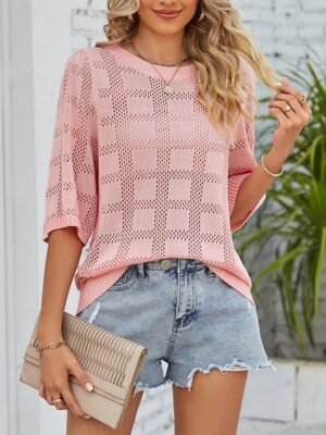 Casual Regular Pure Colour Crew Neck 3/4 Sleeve Knitted Top - Image 1