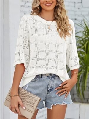 Casual Regular Pure Colour Crew Neck 3/4 Sleeve Knitted Top - Image 10