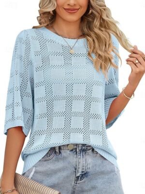 Casual Regular Pure Colour Crew Neck 3/4 Sleeve Knitted Top - Image 12
