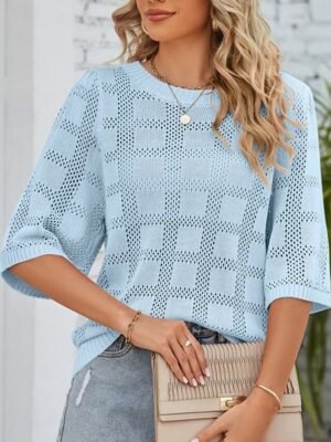 Casual Regular Pure Colour Crew Neck 3/4 Sleeve Knitted Top - Image 13
