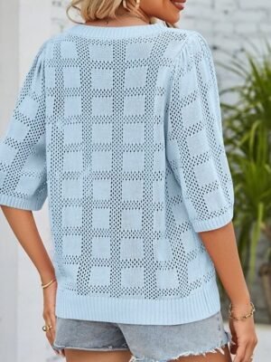 Casual Regular Pure Colour Crew Neck 3/4 Sleeve Knitted Top - Image 14