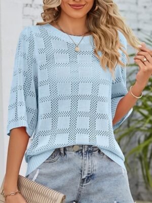 Casual Regular Pure Colour Crew Neck 3/4 Sleeve Knitted Top - Image 15