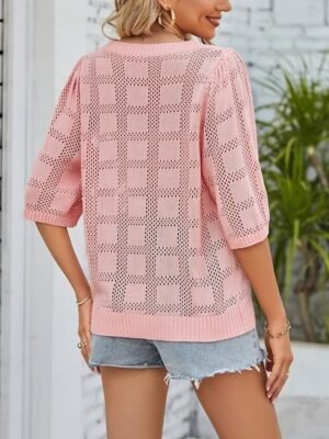 Casual Regular Pure Colour Crew Neck 3/4 Sleeve Knitted Top - Image 2