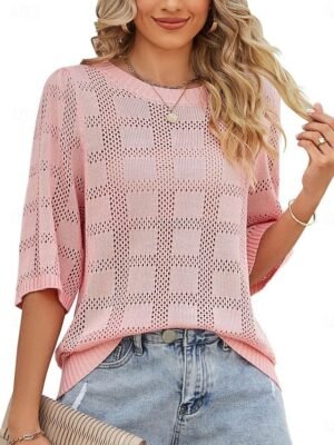 Casual Regular Pure Colour Crew Neck 3/4 Sleeve Knitted Top - Image 3