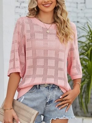 Casual Regular Pure Colour Crew Neck 3/4 Sleeve Knitted Top - Image 4
