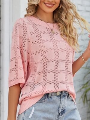 Casual Regular Pure Colour Crew Neck 3/4 Sleeve Knitted Top - Image 5