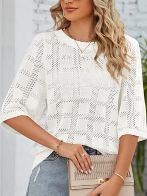 Casual Regular Pure Colour Crew Neck 3/4 Sleeve Knitted Top - Image 6
