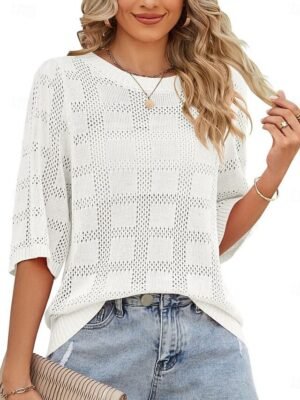 Casual Regular Pure Colour Crew Neck 3/4 Sleeve Knitted Top - Image 7