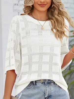 Casual Regular Pure Colour Crew Neck 3/4 Sleeve Knitted Top - Image 9