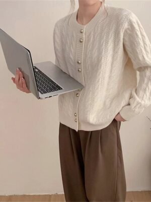 Casual Regular Pure Colour Crew Neck Long Sleeve Cardigan - Image 2