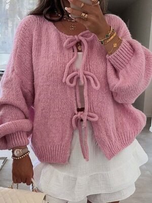 Casual Regular Pure Colour Crew Neck Long Sleeve Knit Cardigan - Image 3