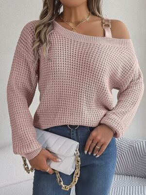 Casual Regular Pure Colour One Shoulder Long Sleeve Knit Top - Image 6