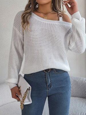 Casual Regular Pure Colour One Shoulder Long Sleeve Knit Top - Image 7