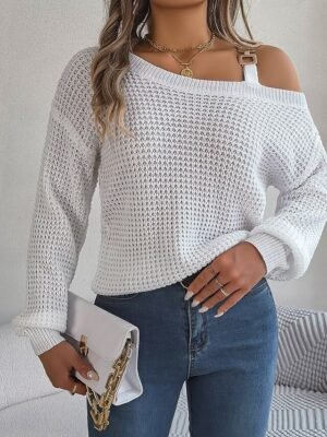 Casual Regular Pure Colour One Shoulder Long Sleeve Knit Top - Image 8