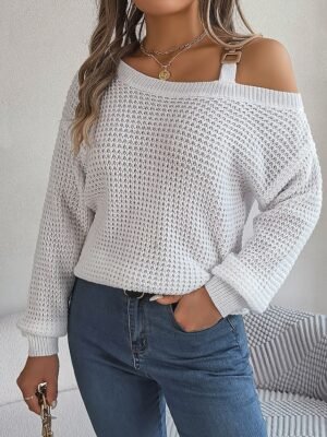 Casual Regular Pure Colour One Shoulder Long Sleeve Knit Top - Image 9