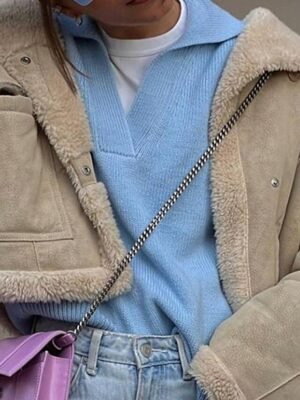 Casual Regular Pure Colour Ribbed Shirt Collar Long Sleeve Sweater - Image 2
